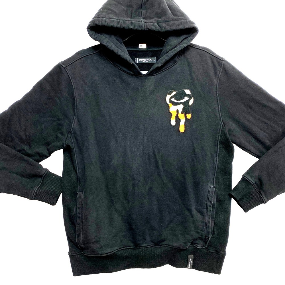 ROKU Studio Hoodie Mens Medium Black Crying Cat Eyes Tears Patches Sweatshirt